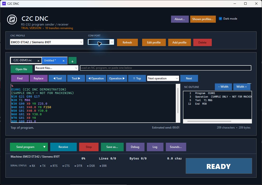 C2C DNC Windows application showing the program editor, CNC profile selection, and transfer controls.